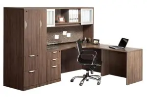 How to use a corner desk - Walnut L-shaped standing desk unit